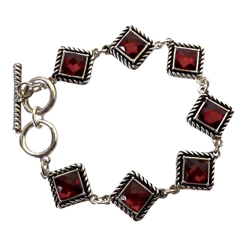Scroll Silver Tone Rope Edge Square Links Red Rhinestone Toggle Clasp Bracelet